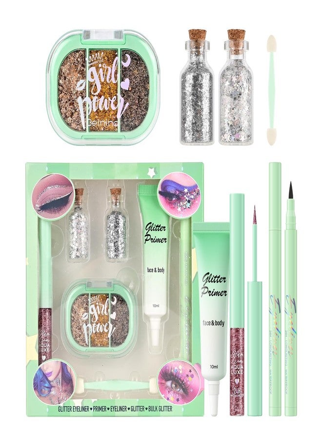 FREEORR Glitter Makeup Set for Hair, Face and Body, 6 in 1 Metallic Shimmer Kit Include Glitter Primer and Eyeshadow Palette, 2 Pack Shimmer Powder, Eyeliner, Long Wearing Sparkle Festival Makeup - Image 1